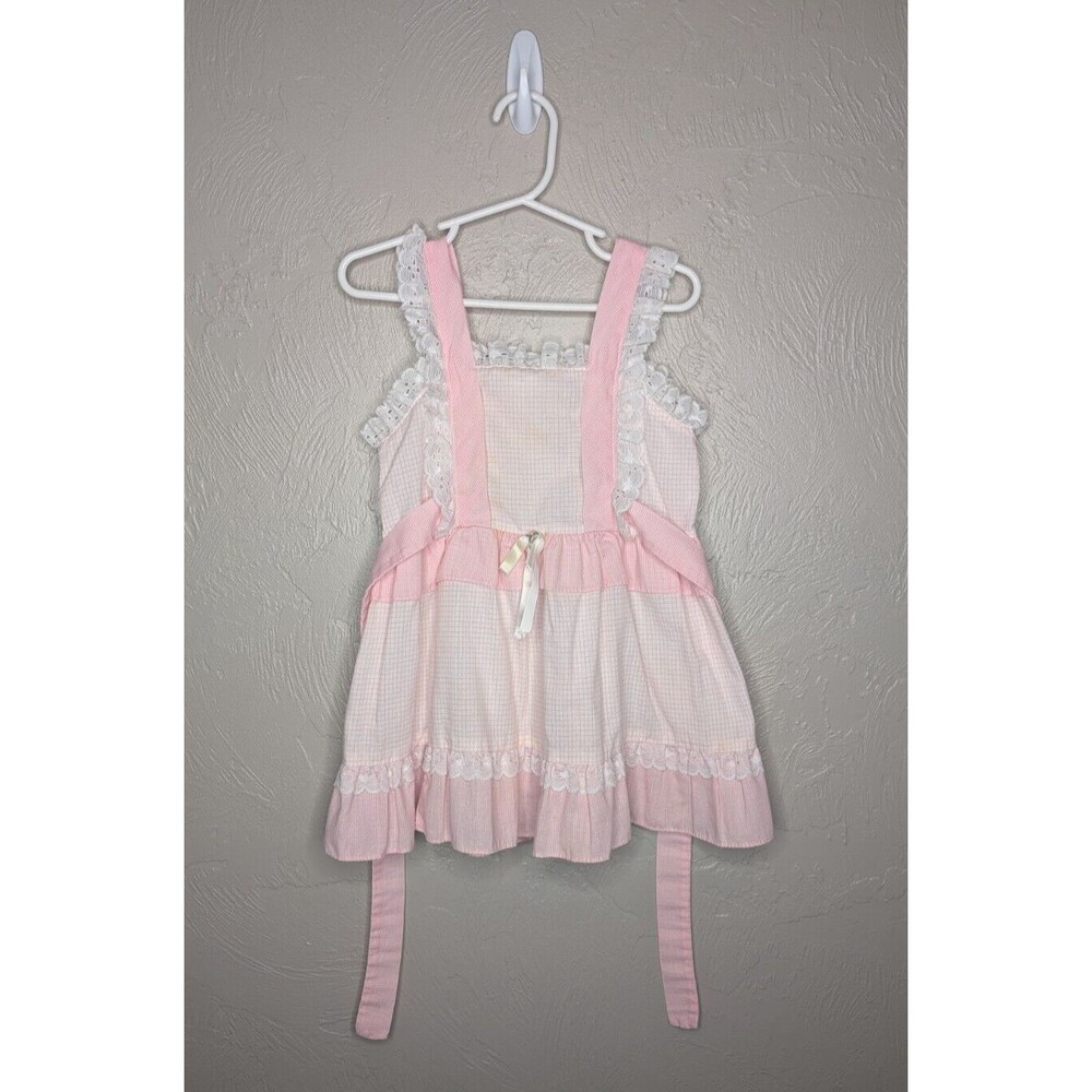 Vintage Evy of California Girls 5 Pink White Grid Check Lace Tie back Dress